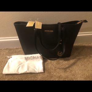 Michael Kors Jet Black Tote Bag with gold trimming